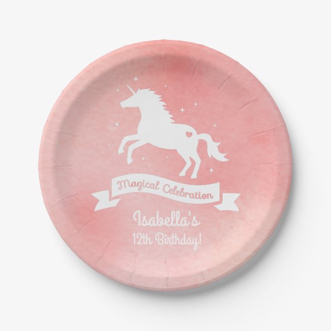 White Unicorn Girls Birthday Party Supplies Paper Plates (Front)
