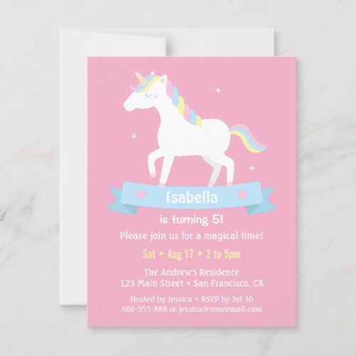 White Unicorn Girls Pink Birthday Party Invitation