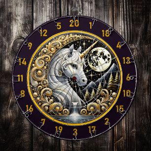 White Unicorn Glows in Moonlit Elegance Dart Board
