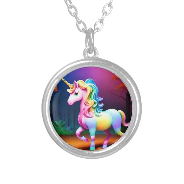 White Unicorn Horse-37474 Silver Plated Necklace (Front)