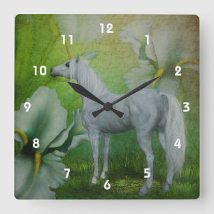 White Unicorn Horse And Flowers Fantasy Art Square Wall Clock