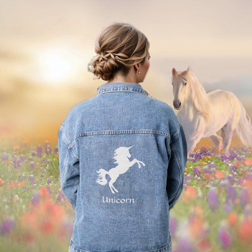 White Unicorn Horse and Typography Denim Jacket