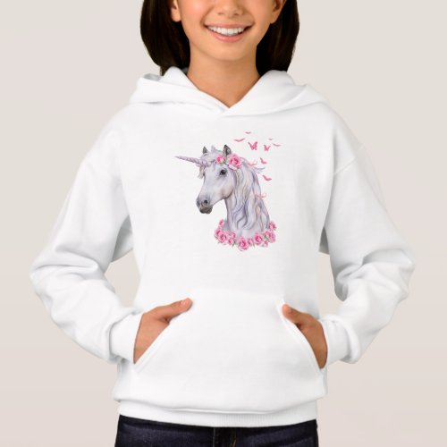 White Unicorn Horse Pink Roses and Butterflies Hoodie