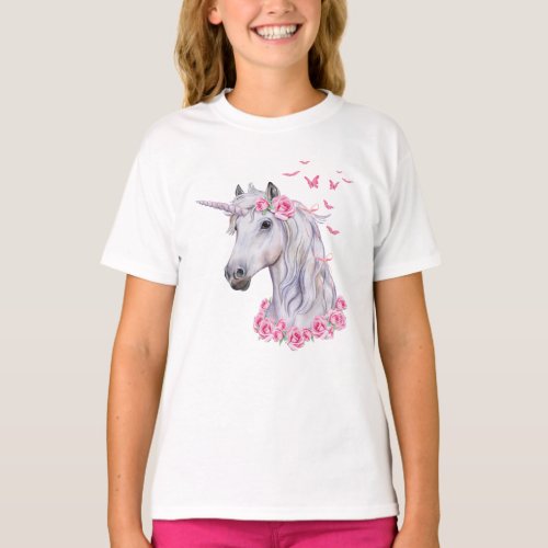 White Unicorn Horse Pink Roses and Butterflies T_Shirt