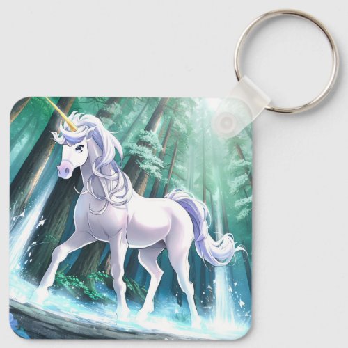 White Unicorn  In A Mythical Forest Keychain