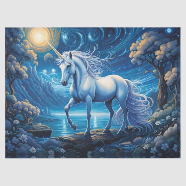 White Unicorn in Blue Full Moon Tissue Paper (Front)