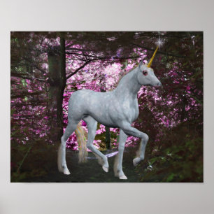 White Unicorn In Forest Fantasy Horse Art Poster