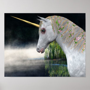 White Unicorn In Mist Fantasy Horse Art Poster