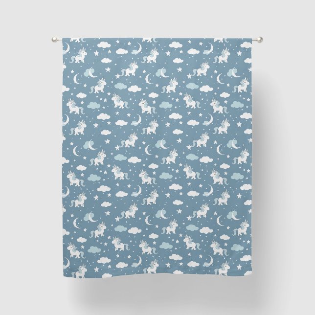 White Unicorn on Blue Baby Nursery Blackout Curtains (Front)