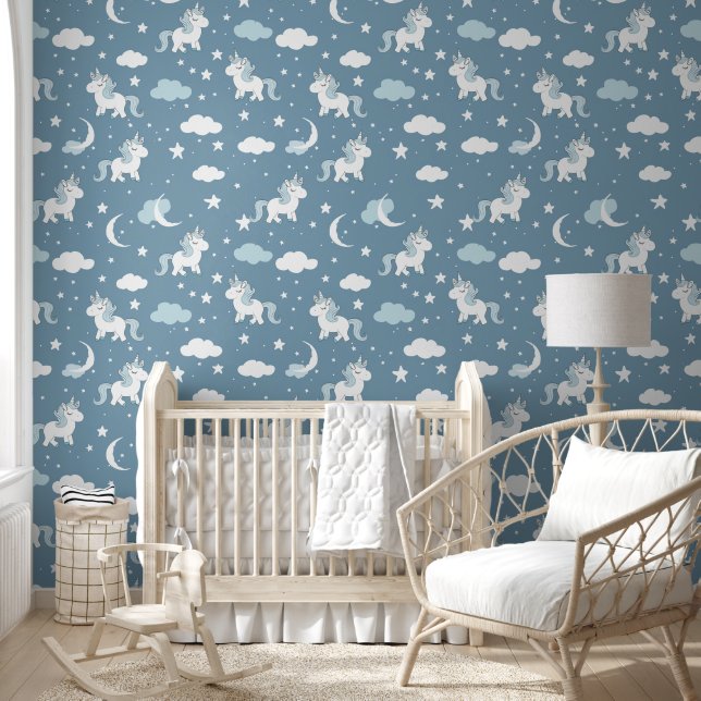 White Unicorn on Blue Baby Nursery Wallpaper (Kids)