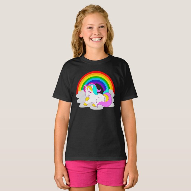 White Unicorn on Cloud Rainbow Girls' Dark T-Shirt (Front Full)