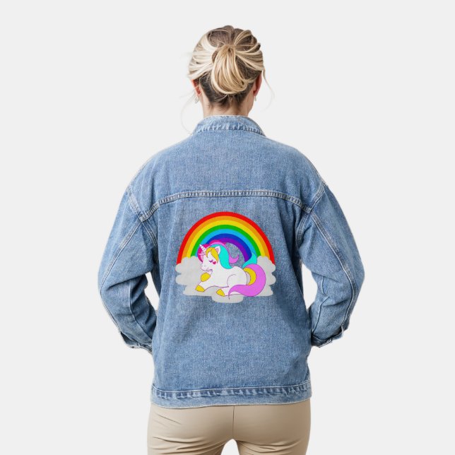 White Unicorn on Cloud Rainbow Women's Denim Jacket (Model)