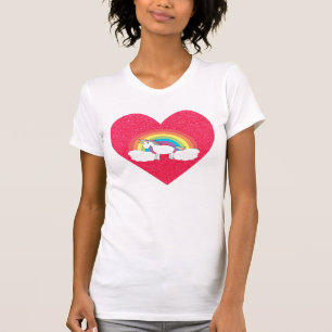 White unicorn on rainbow and clouds pink glitter T-Shirt
