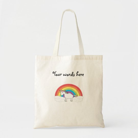 White unicorn on rainbow and clouds tote bag