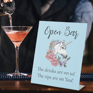 White Unicorn Pastel Floral Fantasy Open Bar Pedestal Sign