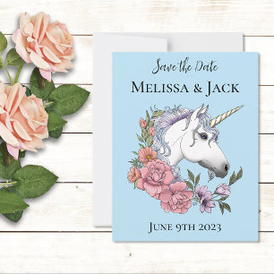 White Unicorn Pastel Floral Fantasy Save The Date