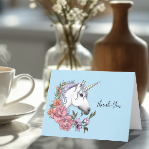 White Unicorn Pastel Floral Fantasy  Thank You Card