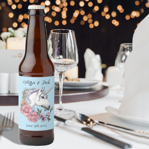 White Unicorn Pastel Floral Fantasy Wedding Beer Bottle Label