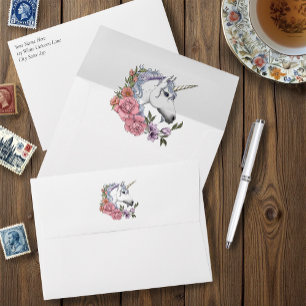 White Unicorn Pastel Floral Fantasy Wedding Envelope