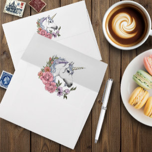 White Unicorn Pastel Floral Fantasy Wedding Envelope