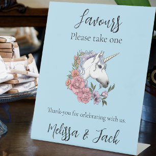 White Unicorn Pastel Floral Fantasy Wedding Favors Pedestal Sign