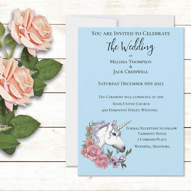 White Unicorn Pastel Floral Fantasy Wedding Invitation (Creator Uploaded)