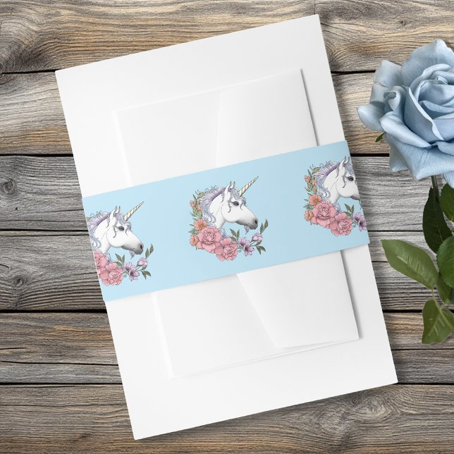 White Unicorn Pastel Floral Fantasy Wedding Invitation Belly Band (Creator Uploaded)