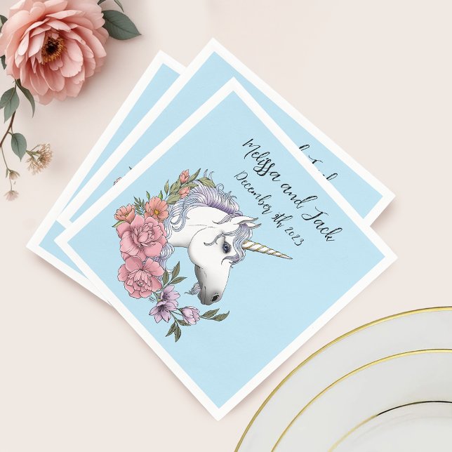 White Unicorn Pastel Floral Fantasy Wedding Napkins (Creator Uploaded)