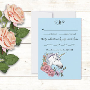 White Unicorn Pastel Floral Fantasy Wedding RSVP Card