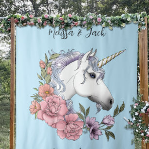 White Unicorn Pastel Floral Fantasy Wedding Tapestry