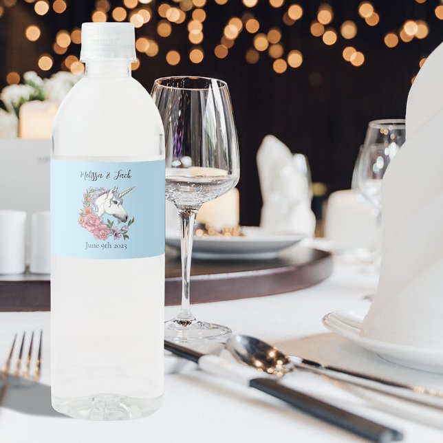 White Unicorn Pastel Floral Fantasy Wedding Water Bottle Label (Creator Uploaded)