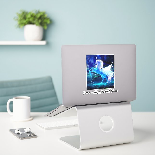 White Unicorn Pegasus Blue Moonlight Square Sticke Sticker (Laptop On Desk)
