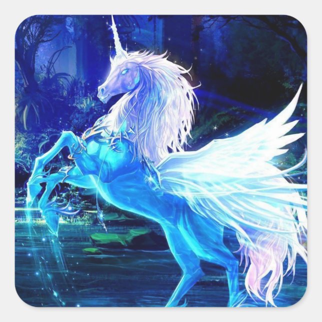 White Unicorn Pegasus Blue Moonlight Square Sticker (Front)