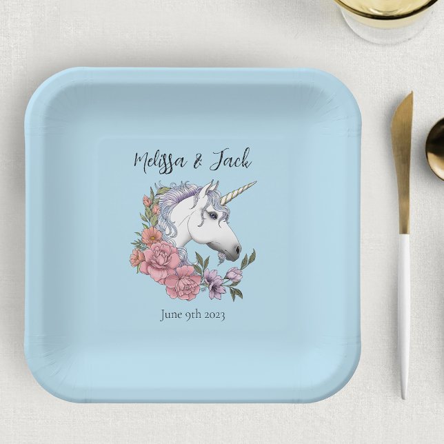 White Unicorn Pink Flowers Blue Paper Plates (Creator Uploaded)