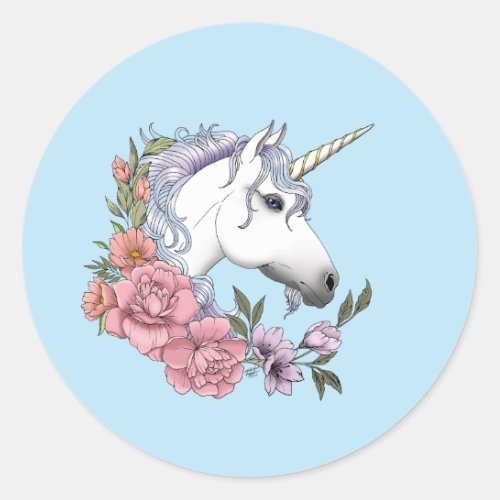 White Unicorn Pink Flowers Blue Wedding Classic Round Sticker