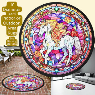 White Unicorn Pink Yellow Purple Circular Area Rug