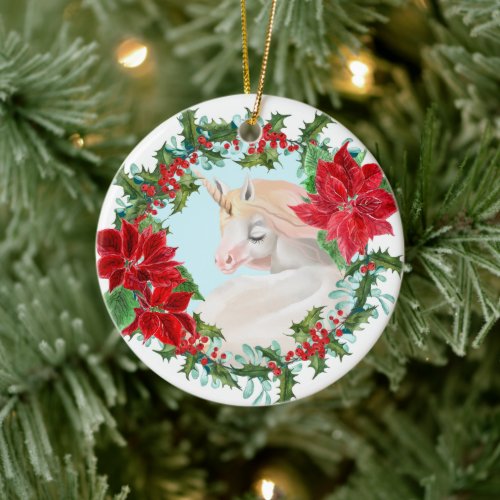 White Unicorn Poinsettia Holly Wreath Ceramic Ornament