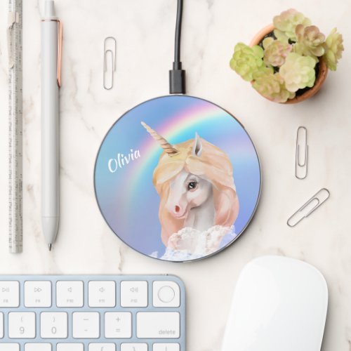 White Unicorn Rainbow Sky Wireless Charger