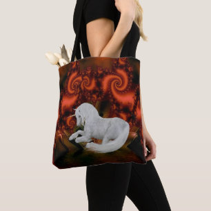 White Unicorn Red Fractals Fantasy Horse Art Tote Bag