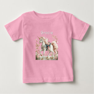 White Unicorn Roses Gold Horn Hooves Blue Saddle Baby T-Shirt