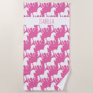 White Unicorn Silhouette Pattern Pink Personalized Beach Towel