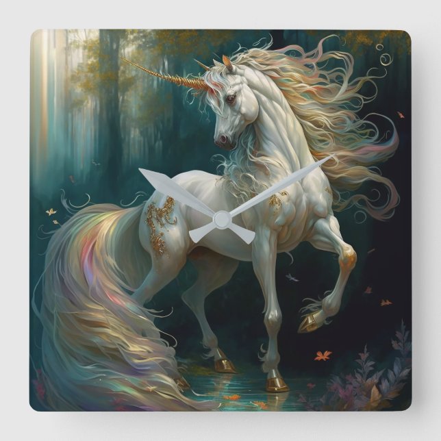 White Unicorn Square Wall Clock (Front)