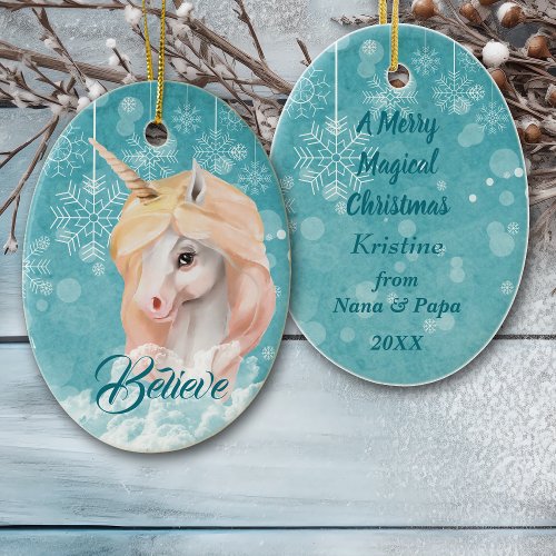 White Unicorn Teal Snowflake Believe Christmas Ceramic Ornament