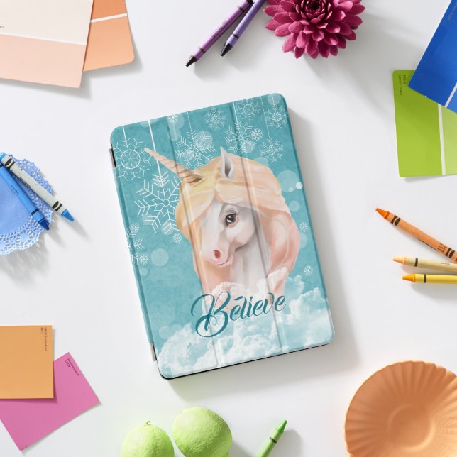 White Unicorn Teal Snowflake Believe iPad Pro Cover (Desk)