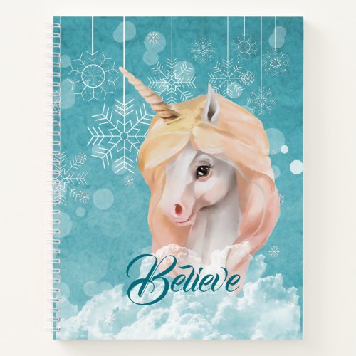 White Unicorn Teal Snowflake Believe Notebook