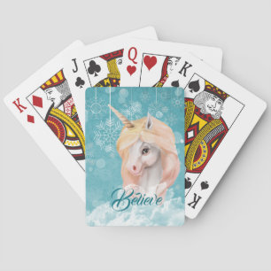 White Unicorn Teal Snowflake Believe Poker Cards
