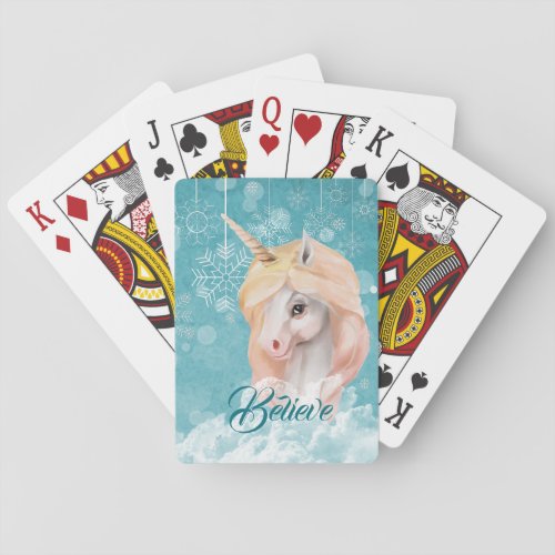 White Unicorn Teal Snowflake Believe Poker Cards