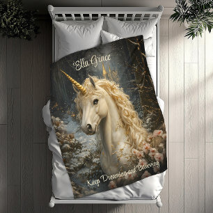 White Unicorn Winter Castle Fairytale Snowy Pines Fleece Blanket