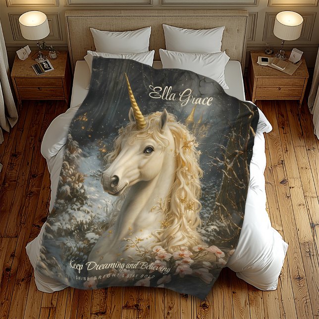 White Unicorn Winter Castle Fairytale Snowy Pines Fleece Blanket (Creator Uploaded)