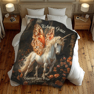 White Unicorn With Orange Butterfly Wings Teen Fleece Blanket